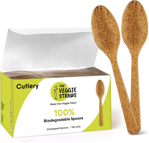 100% Biodegradable Spoons - 100 PCS Heavy-Duty Vegetable Fiber Spoons, 6.7” Long, Eco-Friendly Cutlery for All Occasions