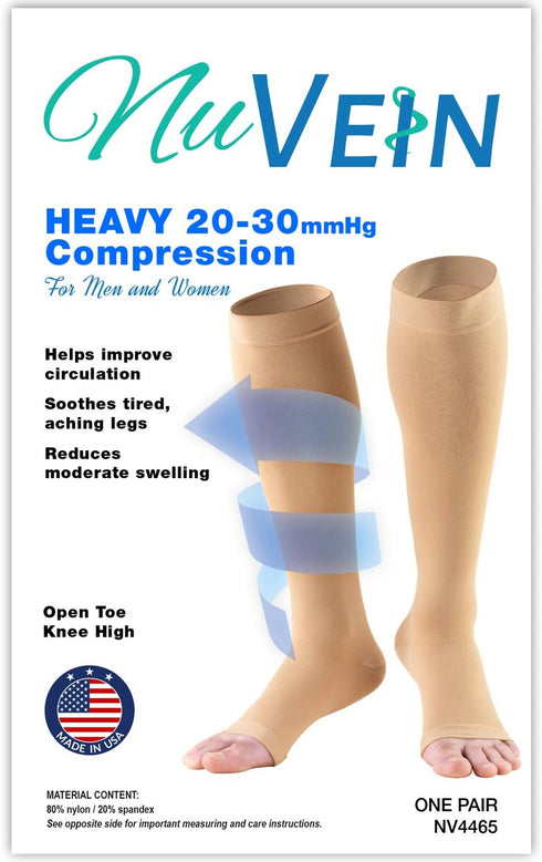 NuVein Medical Compression Stockings, 20-30 mmHg Support for Women & Men, Knee Length, Open Toe, Large, Beige