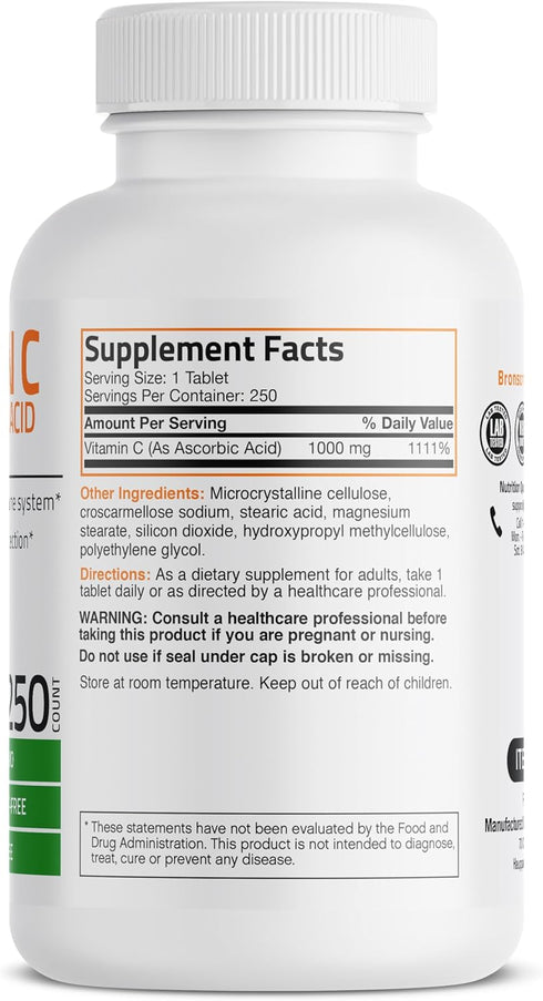 Vitamin C 1000 mg Premium Non-GMO Ascorbic Acid - Maintains Healthy Immune System, Supports Antioxidant Protection - 250 Tablets