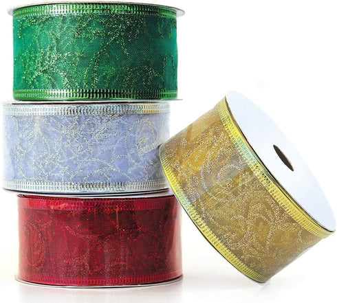Christmas Ribbon Wired 1.5 Inch Set of 4 Ribbon Wire Red, Green, Gold, Silver/White Sheer Organza Glitter Gift, Xmas Ribbons Decoration, Holiday Craft, Gifts Wrap 40 Yards / 10 Yard Ea. Roll by OLYPHAN