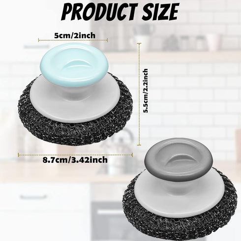 2Pcs Stainless Steel Wool Scrubber with Handle, Heavy Duty Dish Scrubber Cleaning Brush for Pots, Pans, Grills, Sink