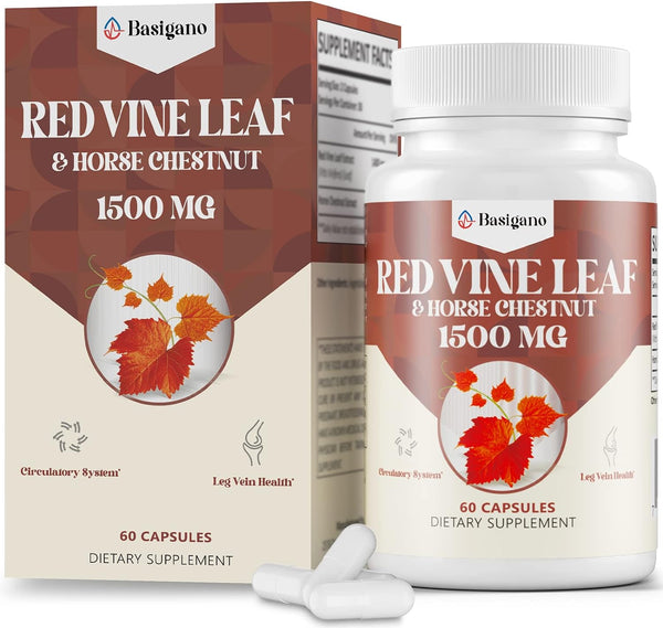 Red Vine Leaf & Horse Chestnut Extract Capsule Supplements - 1500mg Premium Extract for Healthy Veins & Circulation