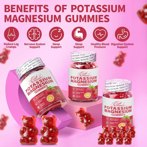 Potassium Magnesium Gummies - 60 Raspberry Gummies, Potassium Citrate 99mg, Magnesium Citrate 250mg, 2 Pack