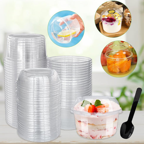 50 Pack 12oz Disposable Clear Plastic Cups, PET Dessert Cups with Lids and Spoons for Snacks and Treats