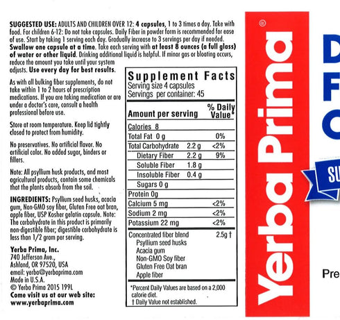 Yerba Prima Daily Fiber Formula - 180 Caps (Pack of 2), Soluble & Insoluble Dietary Fiber Supplement