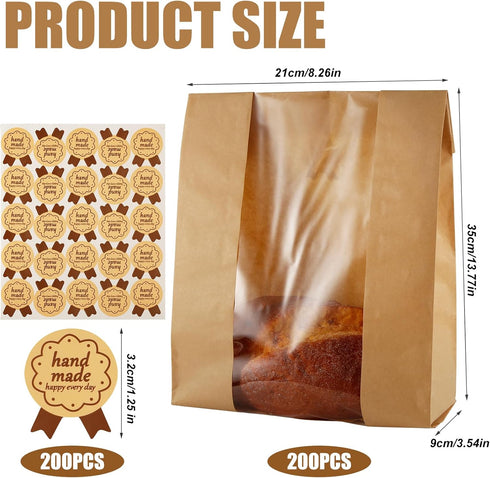 PEUTIER 200pcs 13.7x8.2x3.5 Inch Bread Bags for Homemade Bread, Paper Sourdough Bread Bags with Window Bakery Bags