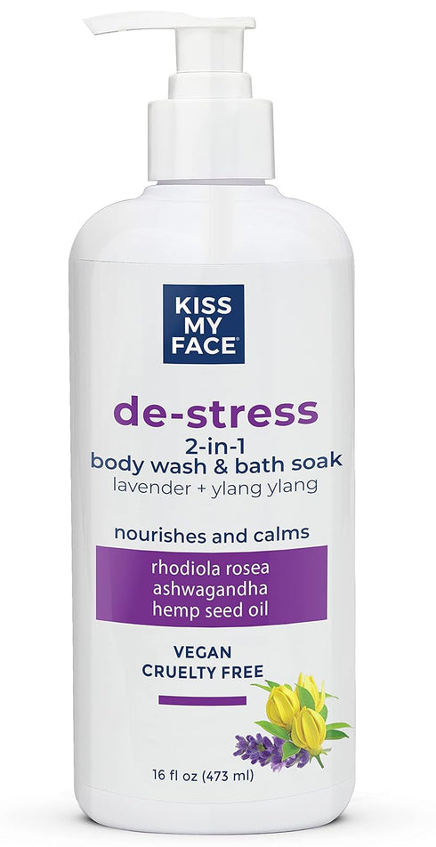 Kiss My Face De-Stress 2-in-1 Body Wash & Bath Soak Lavender + Ylang Ylang - Vegan Body Wash - 16 oz Bottle with Pump (Lavender & Ylang Ylang, Pack of 1)