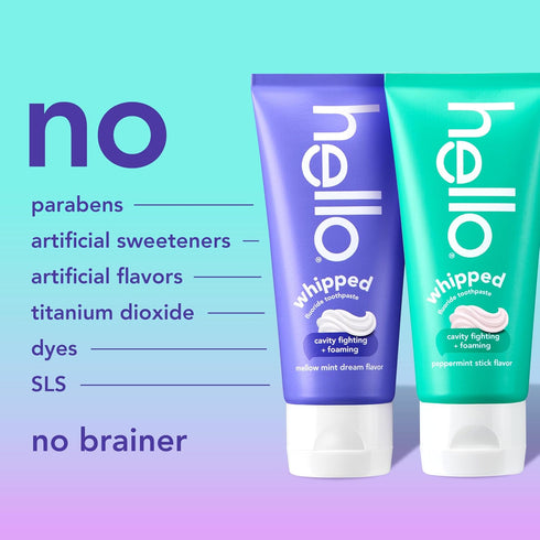 Pack, 2 Pack, 4.0 Oz Hello Whipped Mellow Mint Dream and Peppermint Stick Toothpaste Minty Adult Foam Toothpaste