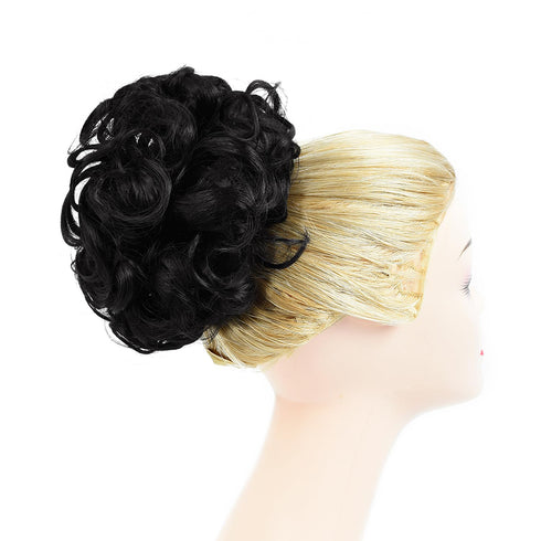 Rose Bud Chignon Hairpiece, Curly Bun Extensions Scrunchie Updo Synthetic Combs for Women, Off Black Natural