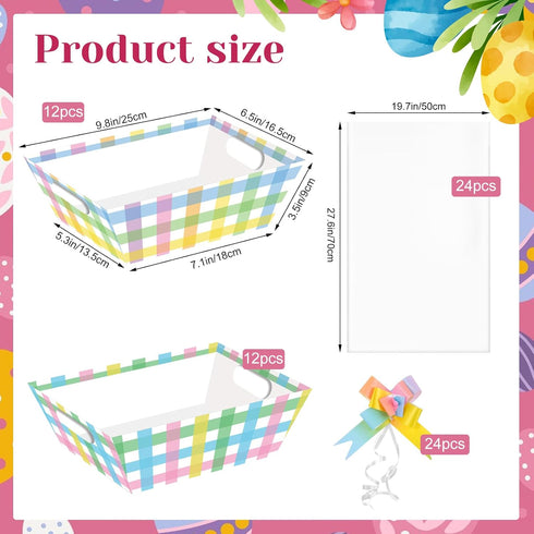 Zoketriton 24 Set Easter Buffalo Plaid Baskets for Gifts Empty with Cellophane Basket Bags Bows, Easter Market Tray