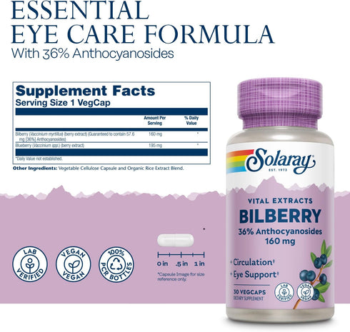 Bilberry Extract 160 mg SOLARAY, Eye Health & Circulation Support, 36% Anthocyanosides Plus Blueberry, Vegan, 30 VegCaps
