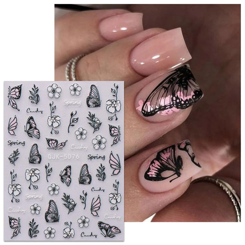 JMEOWIO 6 Sheets 3D Embossed Spring Flower Nail Art Stickers, Self-Adhesive Decals for Summer Nail Design