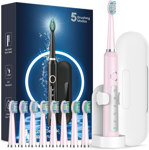 M5 Sonic Electric Toothbrush for Adults - Sakura Pink, Rechargeable with 8 Heads & Travel Case, 120 Days on 3 Hours