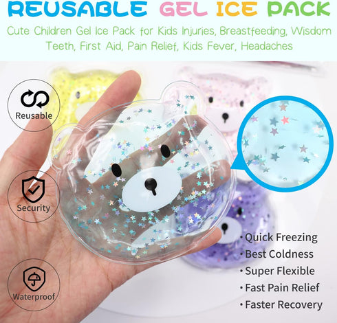 Kids Reusable Gel Ice Pack (4 Pcs), Cute Boo Boo Ice Pack for Injuries, Lunch Ice Pack, Pain Relief, Fever, Headaches