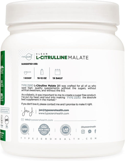 Type Zero Clean L-Citrulline Malate 2:1 Powder Drink Mix - 500g Unflavored (83 Servings) - Keto Friendly