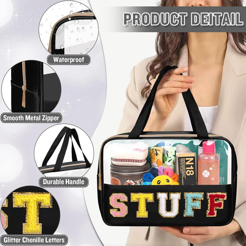 Chenille Letter Clear Makeup Bag Stuff Tote, Preppy Zipper Bag with Handle, Waterproof PVC & Nylon Storage (STUFF-Black)