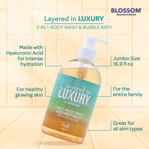 Blossom Layered In Luxury 2-in-1 Scented Body Wash & Bubble Bath - 500ml Liquid Bath Gel for Dry, Sensitive Skin