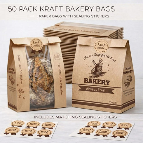 Gybahy 50 Pack Packaging, Bread Bags for Homemade Bread, Sourdough Bread Bags with Clear Window, Kraft Paper Sourdough