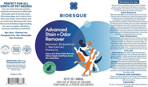 Bioesque Advanced Stain + Odor Remover, Pet-Friendly Natural Formula for Carpets and Hard Floors (32 Fl Oz)