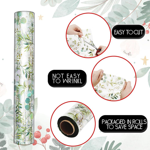 Whaline Eucalyptus Cellophane Wrap Roll, Greenery Clear Wrapping Paper for Gift Basket, 32 Inch x 100 Ft