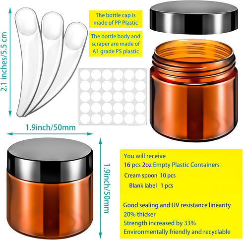 MotBach 16 Pack 2oz Amber Plastic Jars, 60ml Empty Small Round Cosmetic Jars Refillable Makeup Containers Leakproof Travel Cosmetic Containers with Black Lids for Sample Cream Lotion Powder Ointment by MotBach
