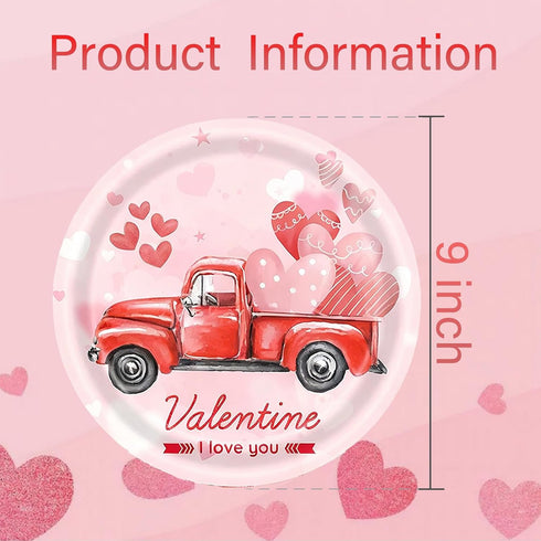 ZHUIGUANGZE 9 Inch (24 Valentine's Day Heart Disposable Paper Plates, Round Truck Love Print Pattern Dessert Plates
