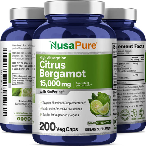 NusaPure Citrus Bergamot Capsules 15,000mg - 200 Capsules, 25:1 Bergamot Extract, Bioperine, Vegan, Non-GMO