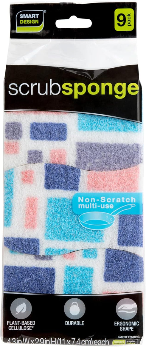 Smart Design Non-Scratch Cellulose Smart Scrub Sponge Set of 9, Ultra Absorbent, Ergonomic Shape, Cool Pattern