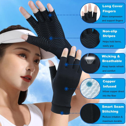 2 Pairs Copper Arthritis Gloves for Carpal Tunnel Pain Relief, Fingerless Compression Gloves for Women & Men (Large)