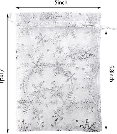 SUNGULF 100pcs Snowflake Organza Pouch Bag - Drawstring Strong Christmas Gift Candy Jewelry Party Wedding Favor Bags
