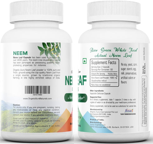 Organic Aura Neem Capsules, 100% Pure Superfood, Miracle Detoxifying Agent for Radiant Skin