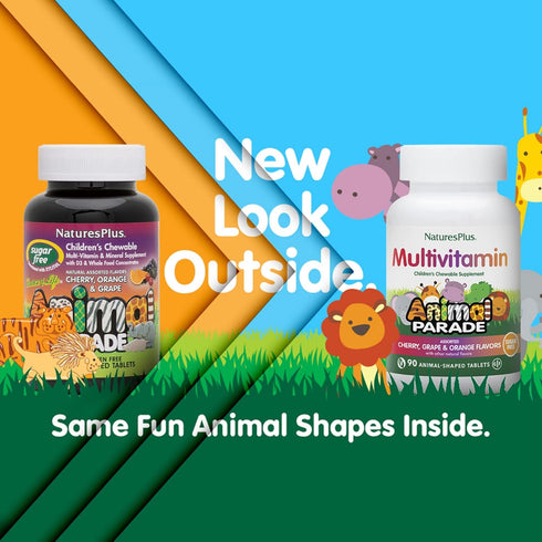 Natures Plus Animal Parade Sugar-Free Children's Multivitamin, Assorted Flavors, Pack of 2, 90 Chewable Tablets