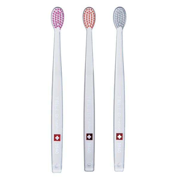 TELLO 3940 Adult Medium Swiss Toothbrush for Gentle Cleaning with Ergonomic Handle, 3
