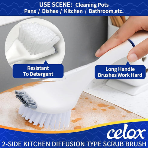 Set CELOX Kitchen Scrub Brush with Ergonomic Handle, Deep Cleaning Brushes, Include Dish Brush (Blue White)