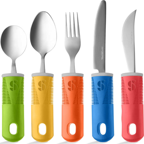 Special Supplies Adaptive Utensils, 5-Piece Kitchen Set with Wide, Non-Slip Handles for Hand Tremors, Arthritis,