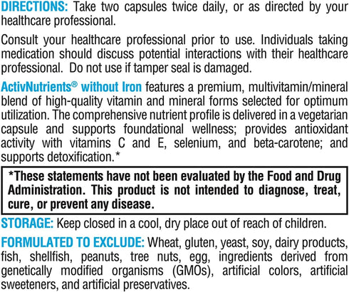XYMOGEN ActivNutrients without Iron - Multivitamin for Wellness, Immune, Energy Support - 60 Capsules