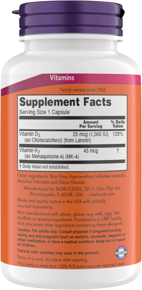 Now Supplements Vitamin D3 K2, 1,000 IU/45 mcg, Cardiovascular Support, Supports Bone Health, 180 Vegetarian Capsules - Vegan, Gluten Free, Kosher Vitamin D3 and K2 Supplements (Pack of 1)