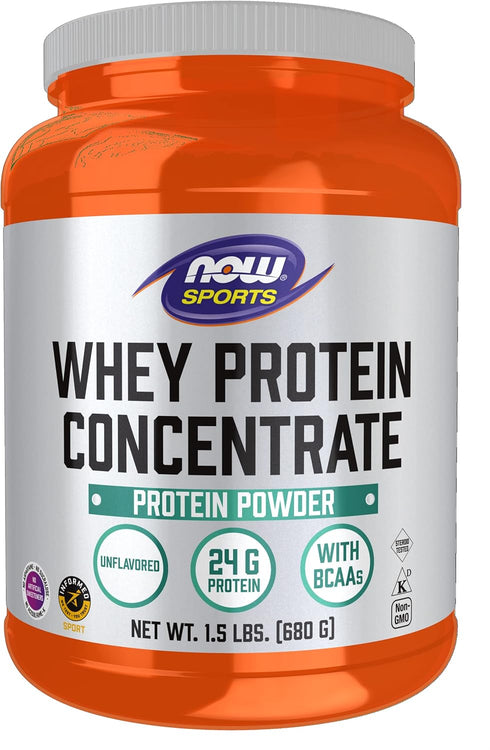 NOW Foods Sports Nutrition Whey Protein Concentrate, 24 g with BCAAs, Unflavored Powder, 1.5-Pound
