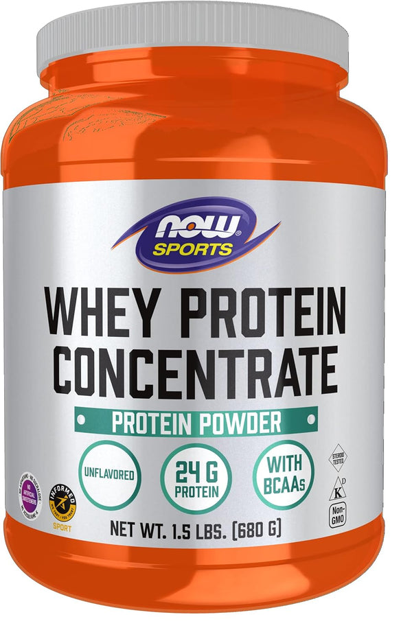 NOW Foods Sports Nutrition Whey Protein Concentrate, 24 g with BCAAs, Unflavored Powder, 1.5-Pound