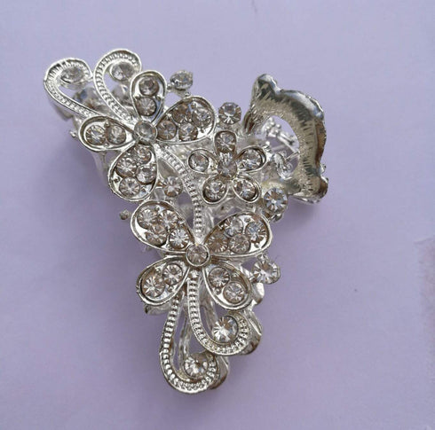 Vintage Silver Chic Alloy Hair Claw Jaw Clips with White Rhinestone - Fashion Retro Hair Accessories for Women