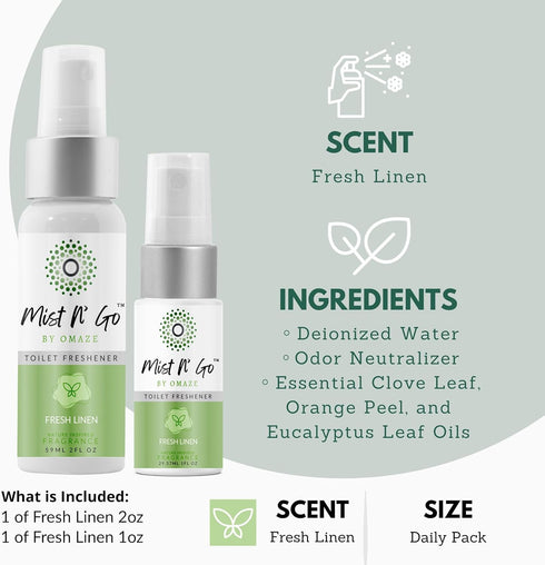 Omaze Mist N’ Go Travel Bathroom Spray - Toilet Odor Eliminator & Air Freshener - Fresh Linen Daily Pack (2oz x1 + 1oz