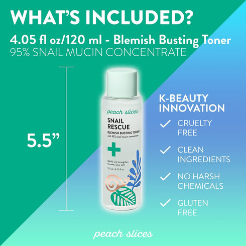 Peach Slices Snail Rescue Blemish Busting Toner, 95% Snail Mucin, Hydrates & Balances, Korean Skin Care, 4.05 oz