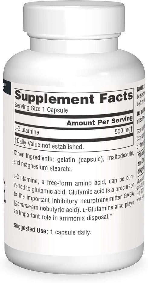 Source Naturals L-Glutamine, Free Form Amino Acid, Supports Metabolic Energy*, 500mg - 50 Capsules