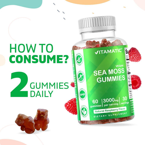 Vitamatic Irish Sea Moss Gummies - 3000 mg - 60 Vegan Gummies - Made with Bladderwrack & Burdock Root - Seamoss Supplement for Thyroid, Energy, Immune Support (60 Gummies (Pack of 3))