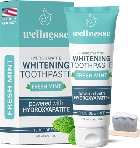 Wellnesse Whitening Hydroxyapatite Toothpaste with Xylitol, Natural Fluoride-Free, 4 oz (Pack of 1), Fresh Mint Flavor
