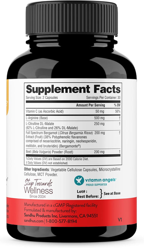 Sandhu's L-Arginine with Nitric Oxide Precursor | 30 Days Supply | Workout Supplement | Supports Blood Flow & Vascular