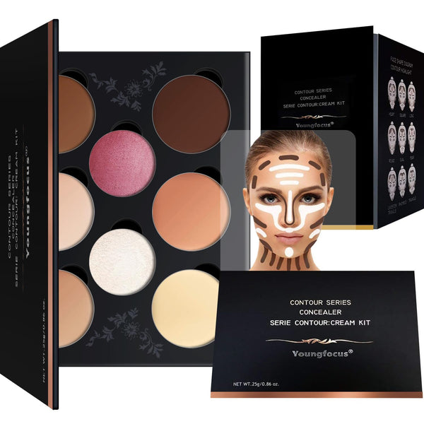 Youngfocus Cosmetics Cream Contour Kit, 8 Colors Contouring Foundation, Highlighting Makeup Palette, Vegan &