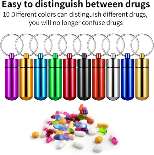 Small Portable Pill Case with Keychain(10 Pack), Waterproof Aluminum Pill Organizer Metal Mini Box Pocket Drug Storage Container for Outdoor Camping Travel Multicolor