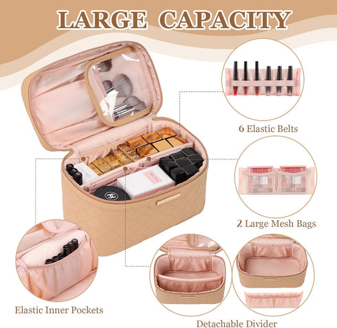 Dajasan Large Capacity Makeup Bag, Travel Makeup Organizer Bag, Portable PU Leather Toiletry Bag for Women (Khaki)