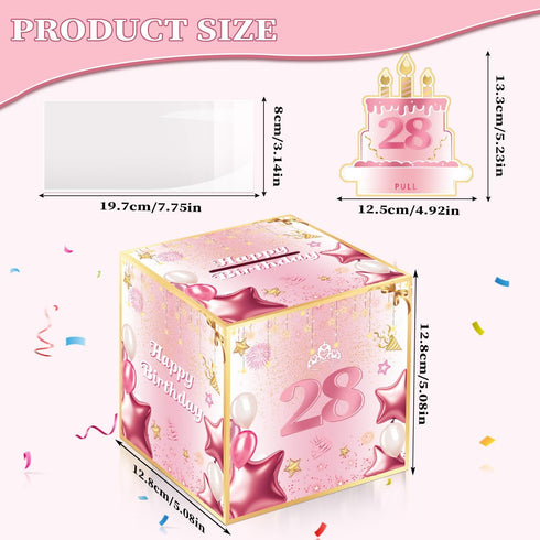 Joycard 28th 28 28th 35PCS Birthday Money Box for Women or Her, Years Old Birthday Decorations, Fun Pull-Out Cash Gift